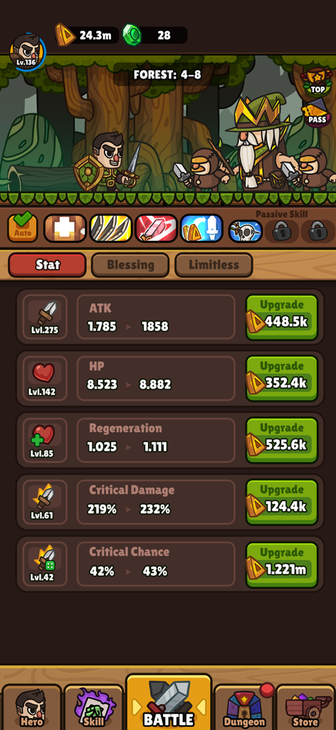 Idle RPG Adventure Heroゲームインターフェース、攻撃と体力のキャラクター統計アップグレードメニューを表示