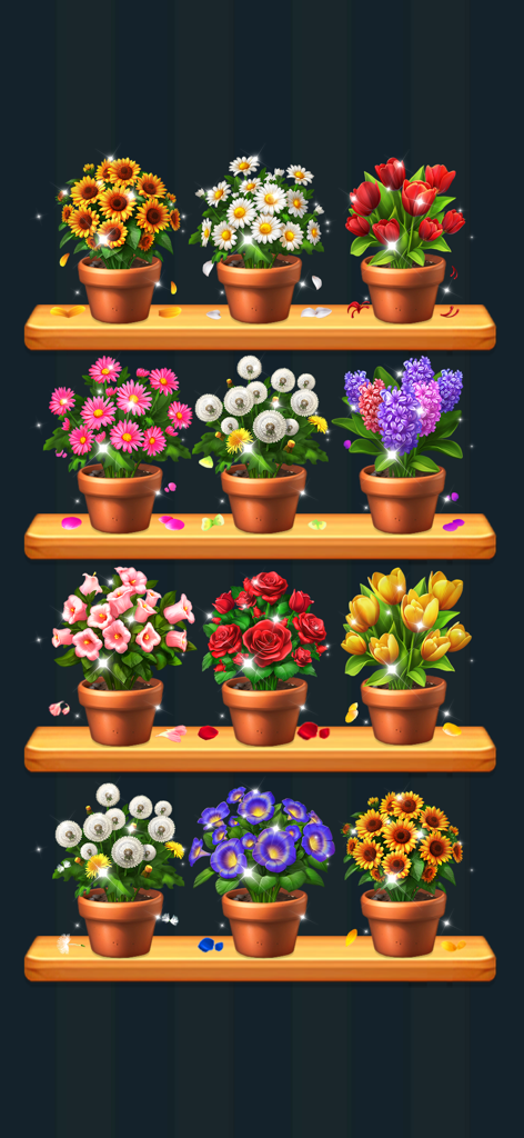 Blossom Match: Sorting Games - Vibrant flower pots displayed on wooden shelves in a garden sorting puzzle game.