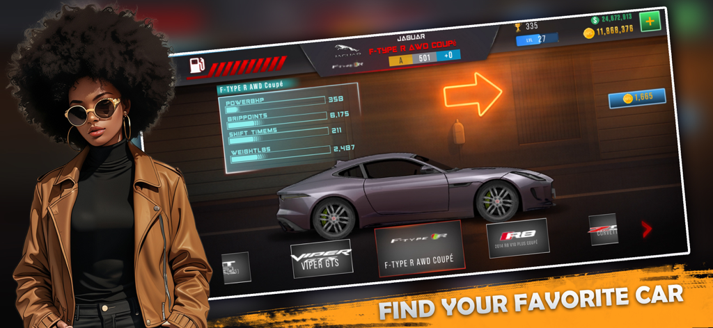 Car selection menu in Nitro Speed Drag Racing NS showing a purple Jaguar and character