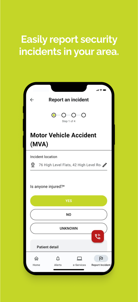 City of Cape Town - Interfaz de la aplicación de la Ciudad del Cabo para reportar un incidente de accidente de vehículo motorizado