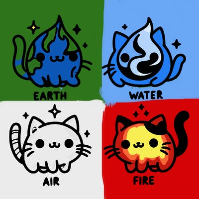 4 cats that represent the different elements, earth, water, air, and fire