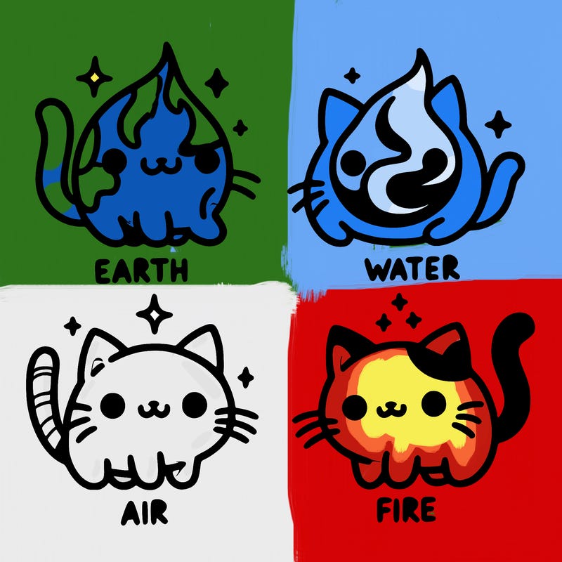 4 cats that represent the different elements, earth, water, air, and fire