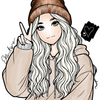 a teenage girl in a beanie, oversized sweatshirt, wavy long hair, and is showing a ✌️
