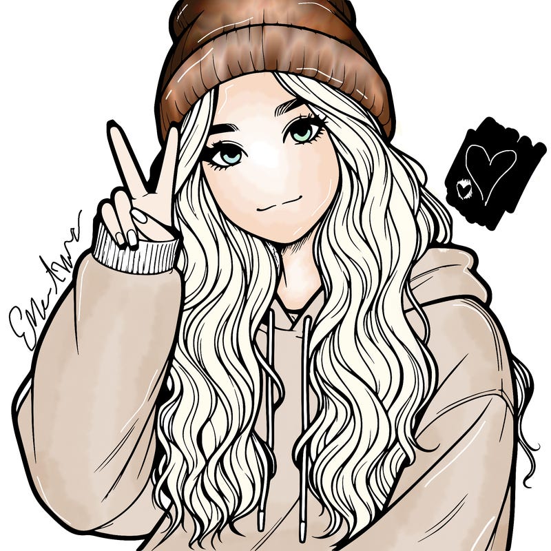 a teenage girl in a beanie, oversized sweatshirt, wavy long hair, and is showing a ✌️