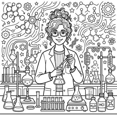 Step into the exciting world of scientific discovery with this engaging coloring page featuring a dedicated scientist at work in a bustling laboratory. This intricate design offers hours of creative exploration for budding chemists and science enthusiasts of all ages.