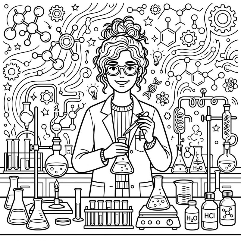 Step into the exciting world of scientific discovery with this engaging coloring page featuring a dedicated scientist at work in a bustling laboratory. This intricate design offers hours of creative exploration for budding chemists and science enthusiasts of all ages.