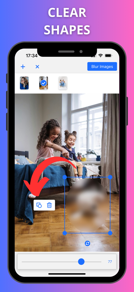 Interface de aplicativo móvel mostrando um desfoque circular aplicado a uma foto com opções para limpar e ajustar formas