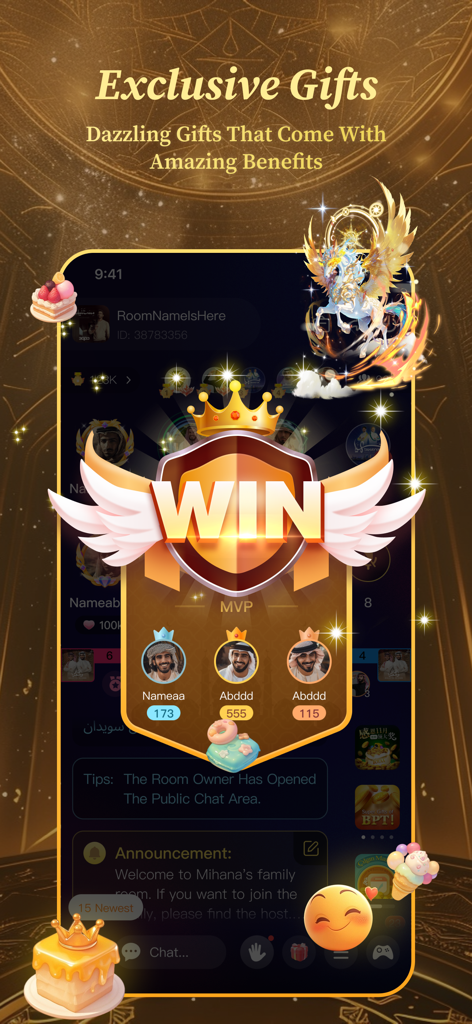 Stargo - Group Voice Chat Room - Stargo app screen showing an MVP win shield and exclusive virtual gifts in a live voice chat room