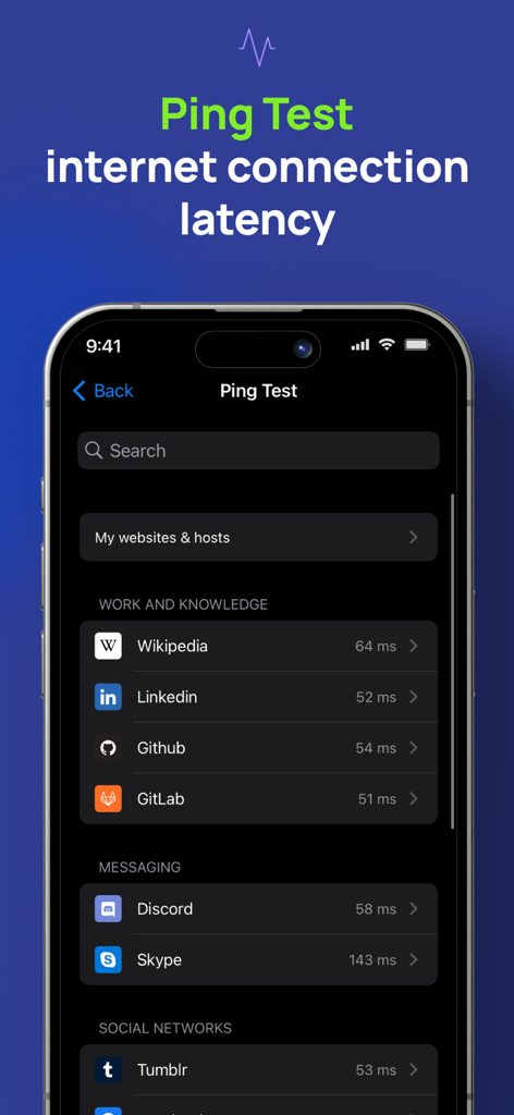 NetSpot WiFi Analyzerのpingテスト画面でインターネット接続の遅延を表示