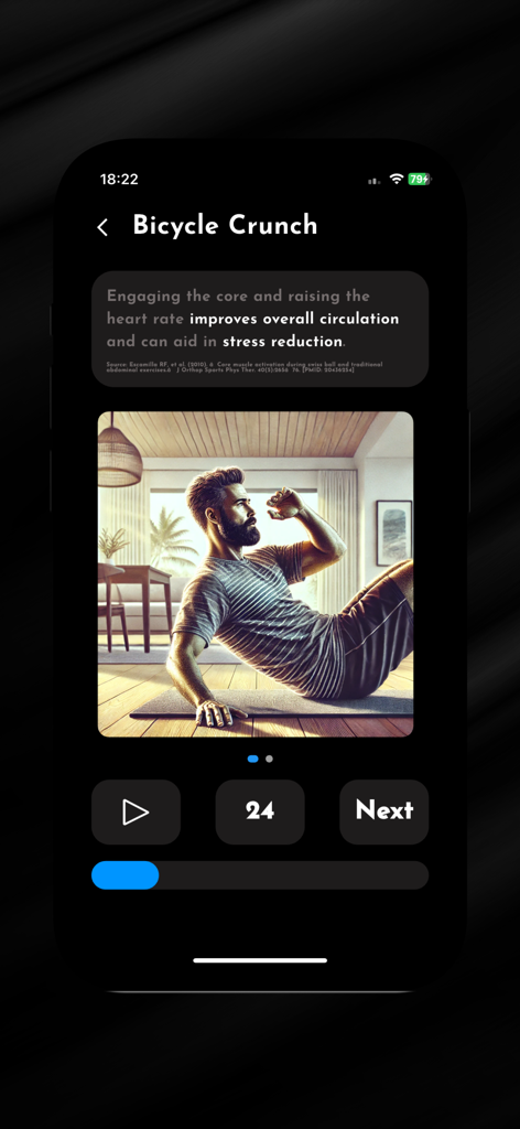 Beardly - Grow a Beard - Beardlyアプリのワークアウト画面で、自転車クランチエクササイズを行う髭（ひげ）を生やした男性。