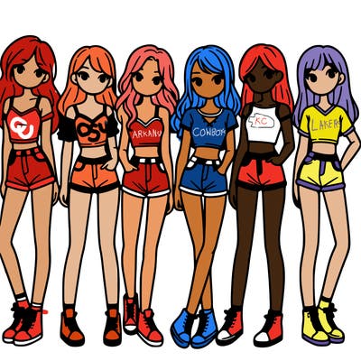 a group of girls wearing crop tops and shorts
