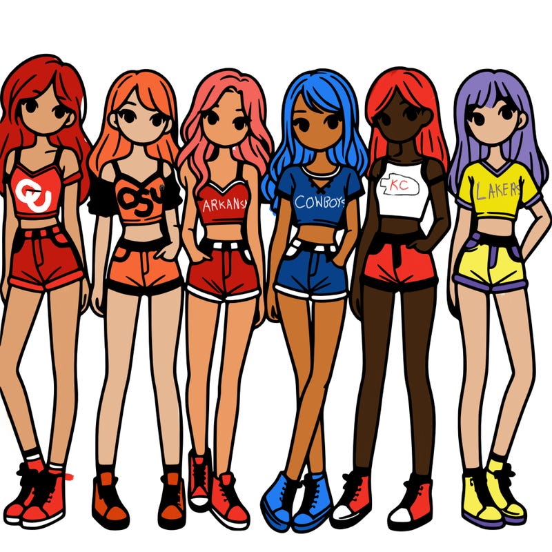 a group of girls wearing crop tops and shorts