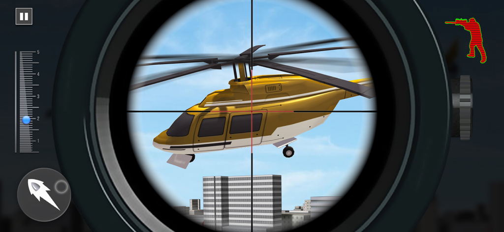 Sniper FPS: Gun Shooting Games - Sniper scope view targeting a yellow helicopter in an urban environment.