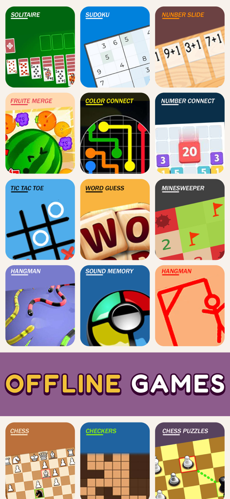 Cuadrícula que muestra varios rompecabezas y juegos clásicos sin conexión como solitario y sudoku