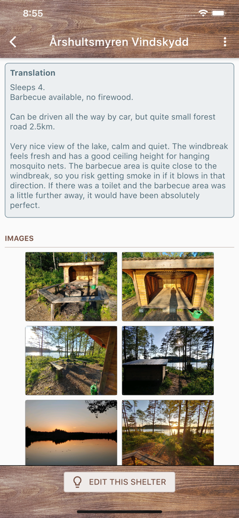 Información detallada y fotos de un refugio de senderismo en la aplicación Shelter Map