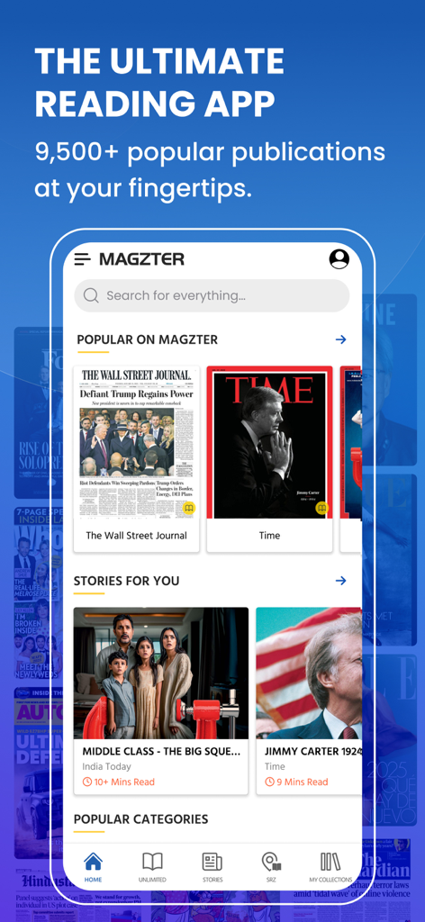 Magzter app home screen featuring popular magazine covers and news stories on a smartphone