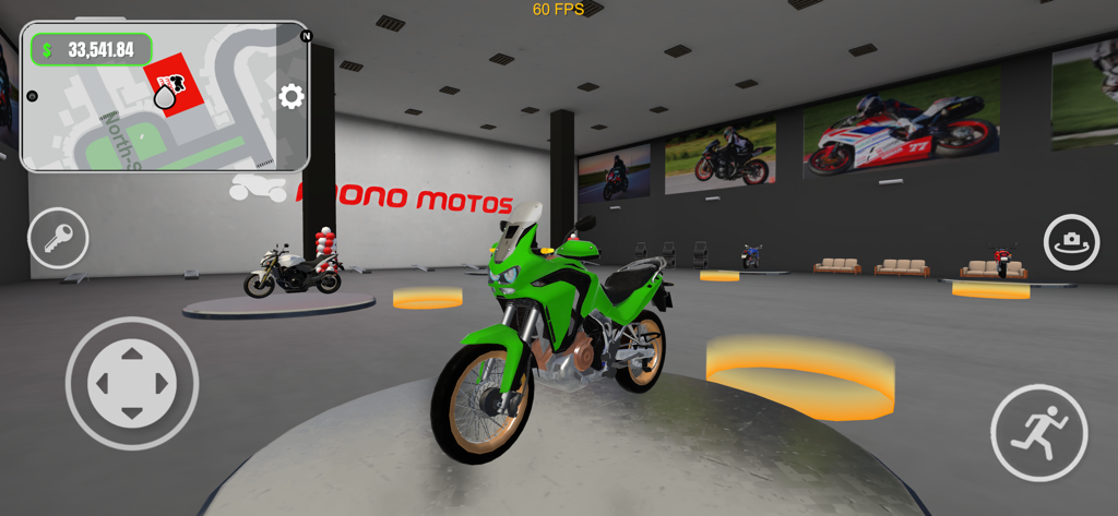 Motovlog Crazy Delivery Online - A green adventure motorcycle on a display platform inside a dealership showroom