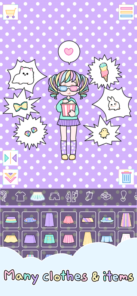 Pastel Girl - Interface of the Pastel Girl app showing a customizable character surrounded by pets and food items with a menu for selecting various clothes.