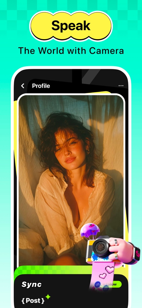 Candid - Capture the Moment - Oberfläche der Candid-App, die ein Benutzerprofil mit einem ästhetischen Foto und einem kreativen Kamera-Symbol zeigt.