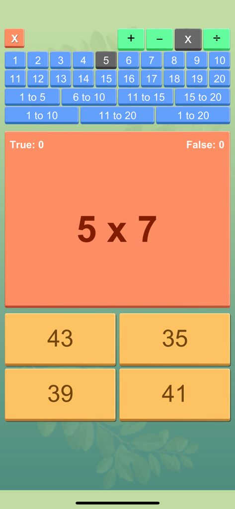 Math Tables with Quiz - Multiplication quiz screen showing five times seven with multiple choice options