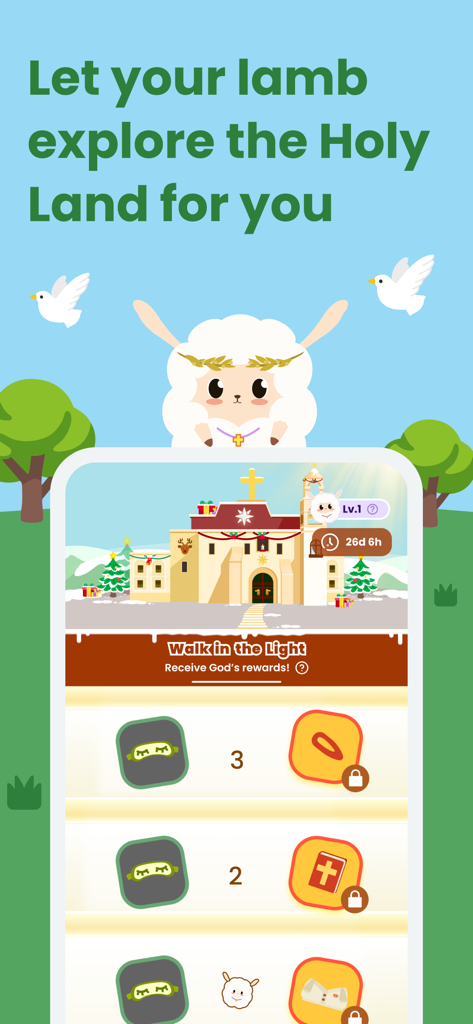 FaithTime: Devotion&Community - A cartoon lamb character exploring the Holy Land in the FaithTime devotion app interface