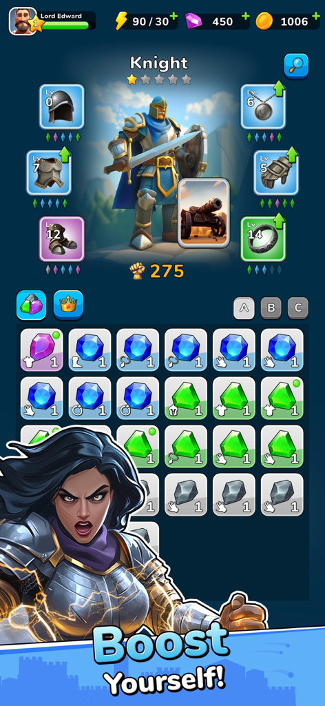 Boom Castle: Tower Defense TD - Menú de inventario de gemas y equipo de personaje de caballero en Boom Castle
