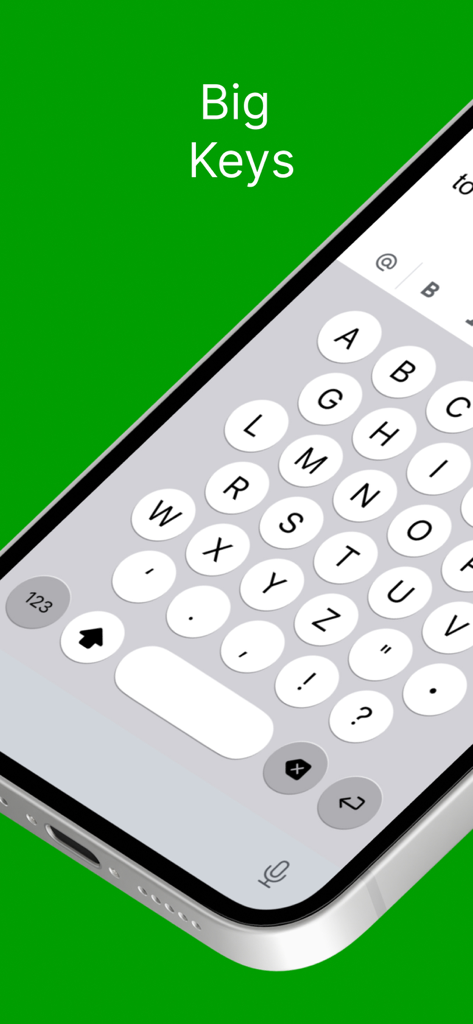 Typster app screenshot showing large circular keys on an iPhone keyboard designed for easy typing and visibility