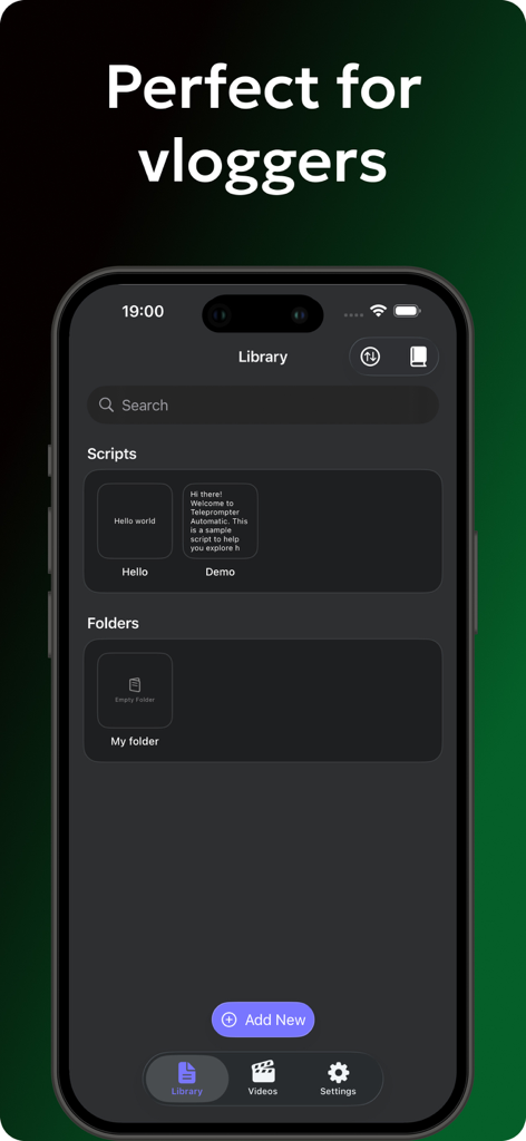 Teleprompter Automatic - Bibliothèque de scripts de l'application Téléscripteur Automatique pour les vlogueurs montrant des scripts vidéo et des dossiers organisés