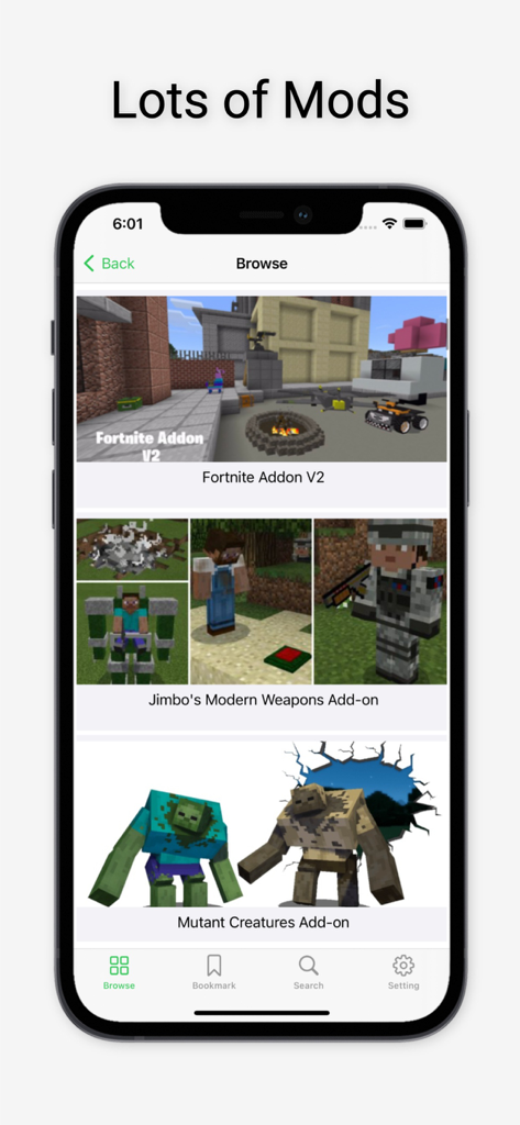 Mods for Minecraft PE !! - Interface de l'application Mods pour Minecraft PE montrant une variété d'addons de jeu et de mods disponibles au téléchargement