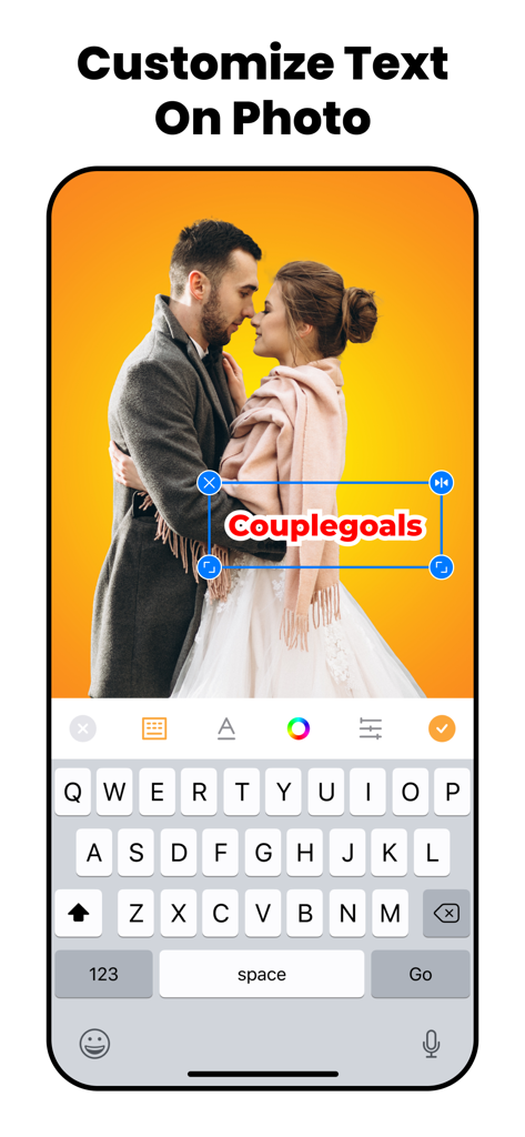 App interface showing how to add and edit text on a photo of a couple