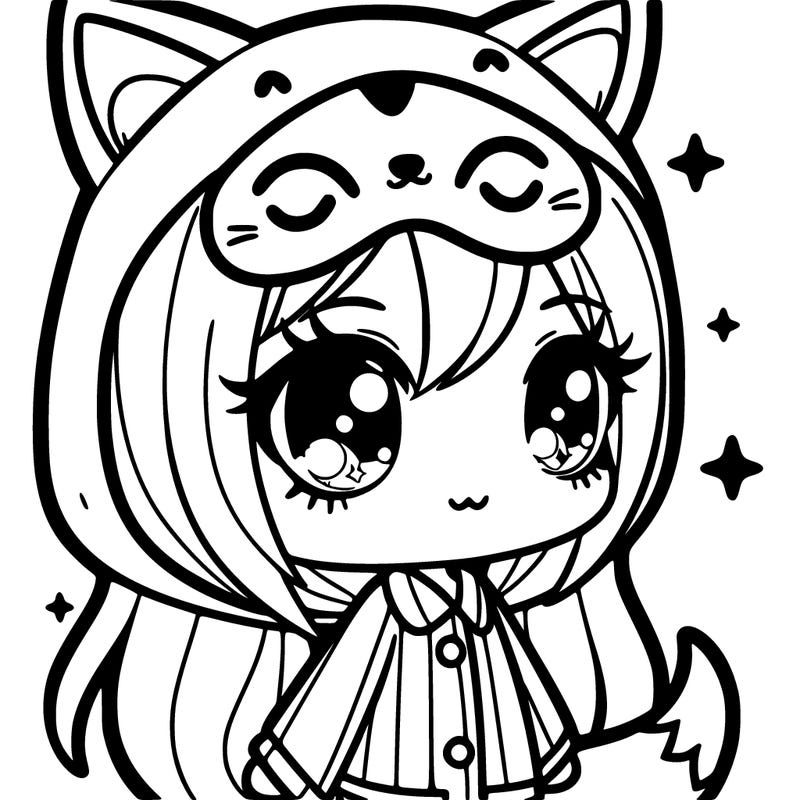 cute anima girl in a fox pj hoodie with a sleep mask on her forehead