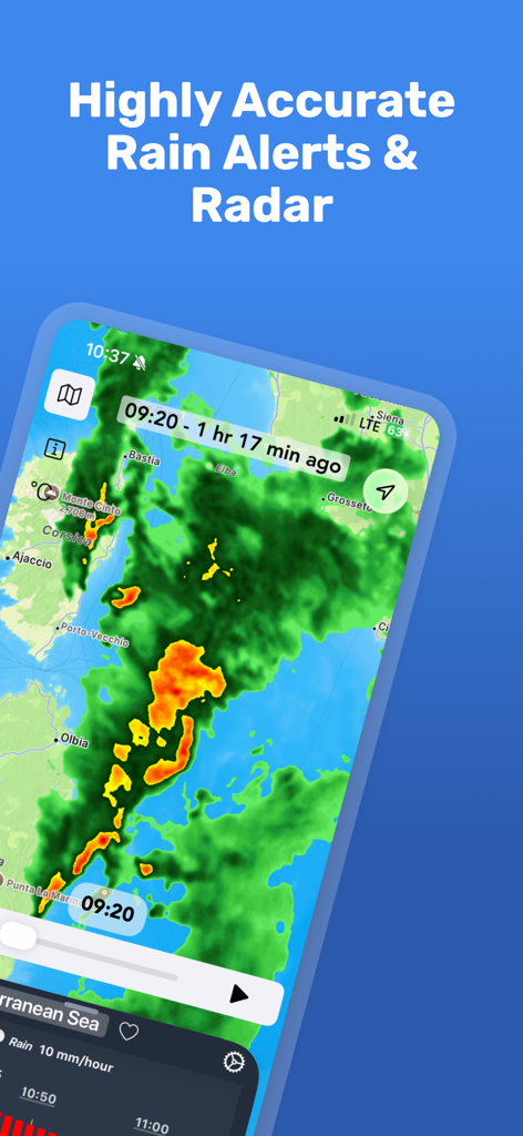 RainAlert: Rain Radar & Alerts - Interfaz de la aplicación RainAlert que muestra un mapa de radar de lluvia muy preciso con intensidad de precipitación en un iPhone