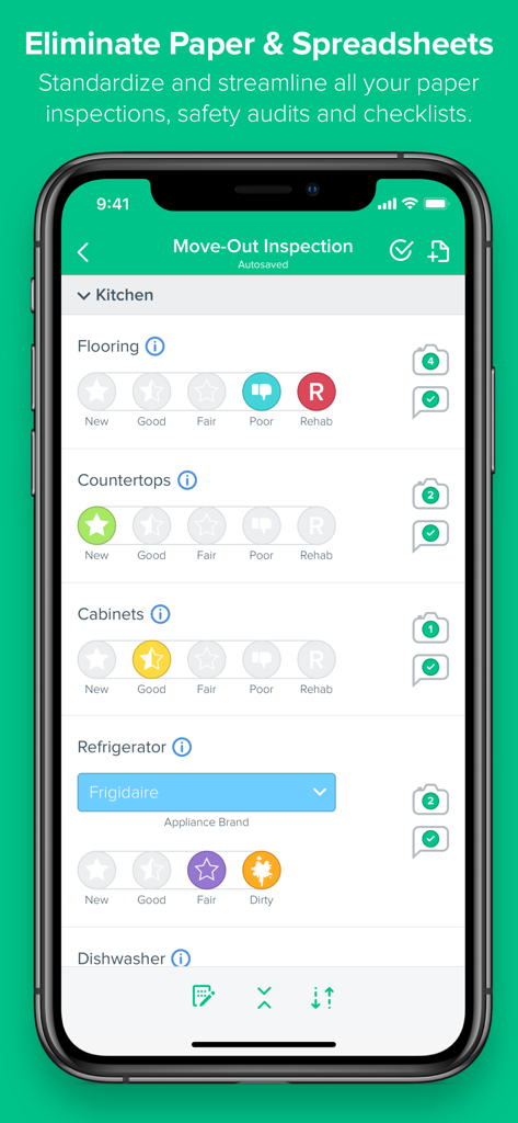 Inspections by HappyCo mobile app showing a digital move out inspection form for property managers
