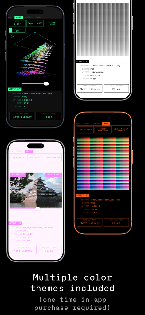 LUT Lab - Four iPhones showcasing different color themes of the LUT Lab app including green, white, pink, and orange interfaces.