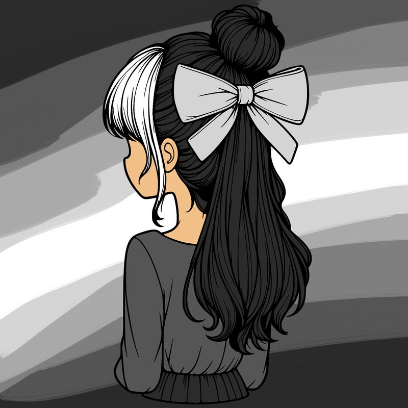 realistic girl  with hip length hair a bun and a big bow on the back of head