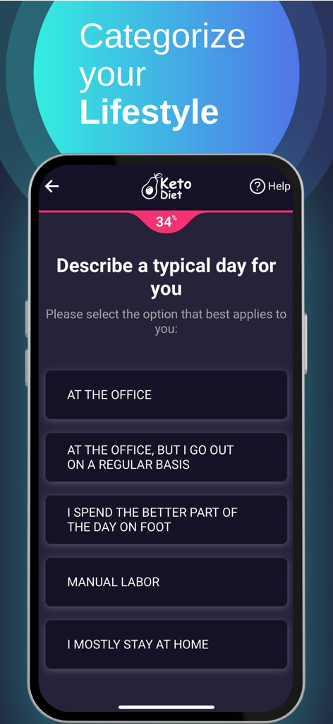 Your Keto Diet - Your Keto Diet app screenshot showing a lifestyle categorization quiz question for a personalized plan