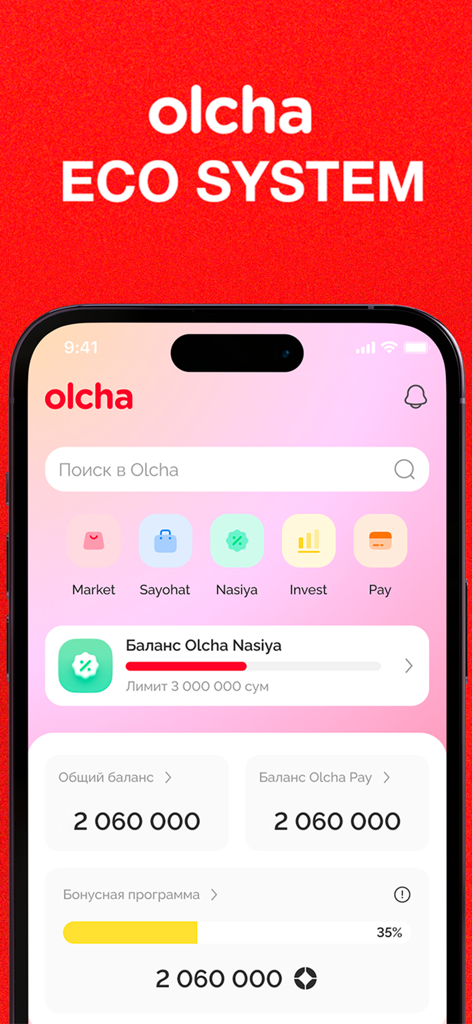 Olcha mobile app dashboard showing marketplace investment and halal financing services
