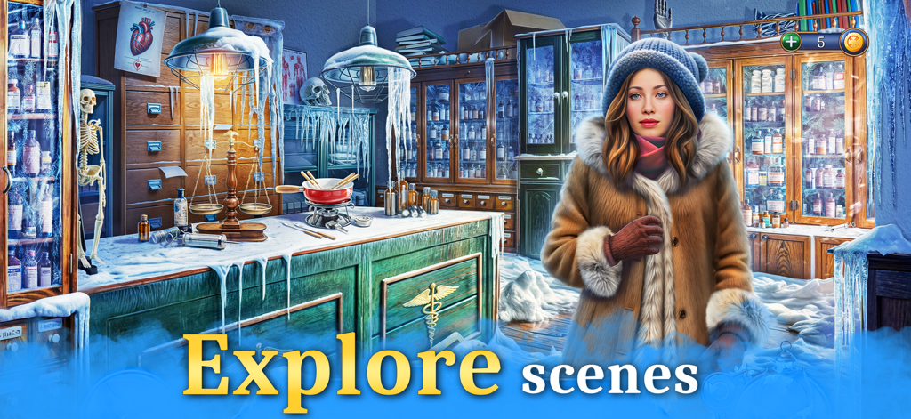 A female detective in winter clothing standing in a frozen apothecary room with the text Explore scenes.
