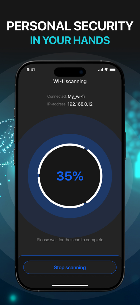 Suspicious Device Cam Detector app interface performing a Wi-Fi network scan to ensure personal security