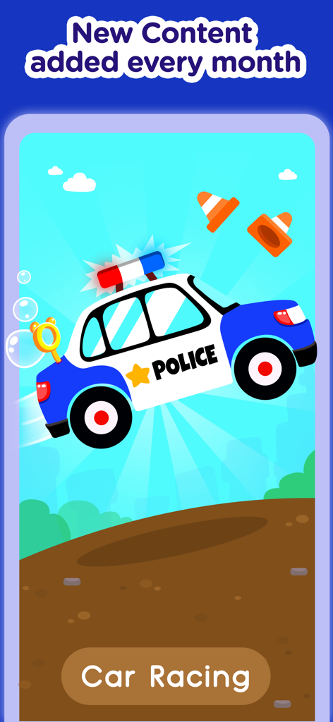 Piggy Panda: Learning Games - Cartoon police car jumping in Piggy Panda car racing educational game for kids