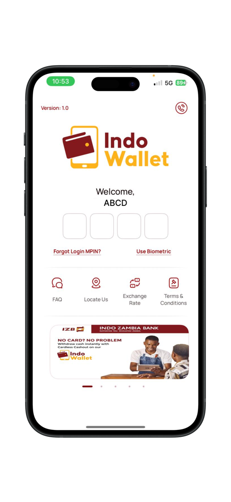 Indo Wallet - The login interface of the Indo Wallet app featuring PIN input fields and biometric login options.