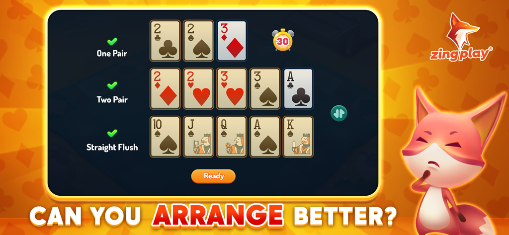 Pusoy ZingPlay - Chinese Poker - Pantalla de juego de Pusoy ZingPlay que muestra la disposición de 13 cartas en manos estratégicas para Póker Chino.