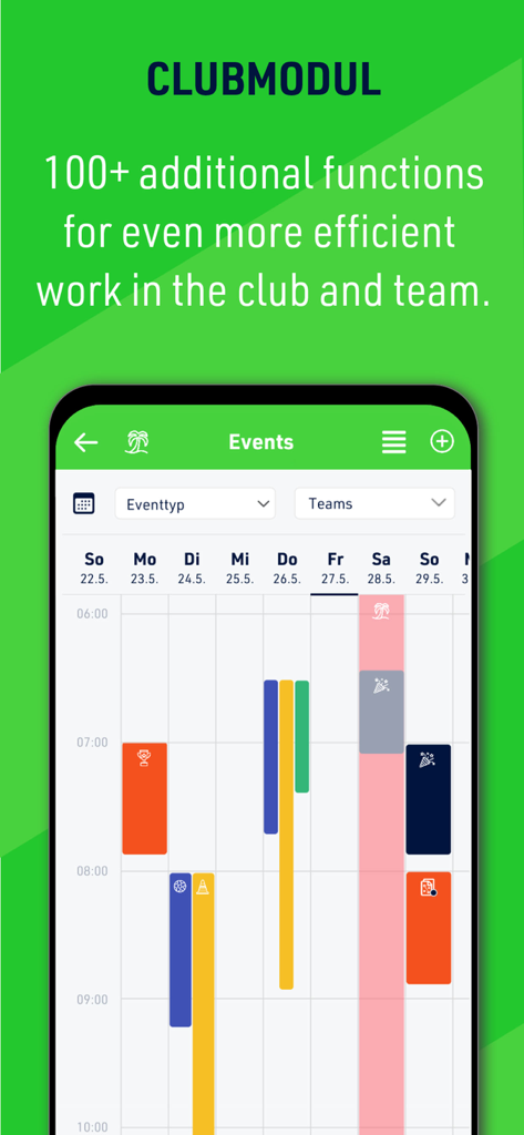 Coaching Zone - A weekly calendar interface in the Coaching Zone app for sports club management and team scheduling.