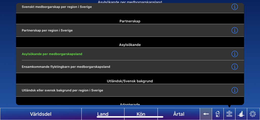 Sveriges befolkning - Menú de la aplicación Población de Suecia mostrando categorías de datos de población sueca.
