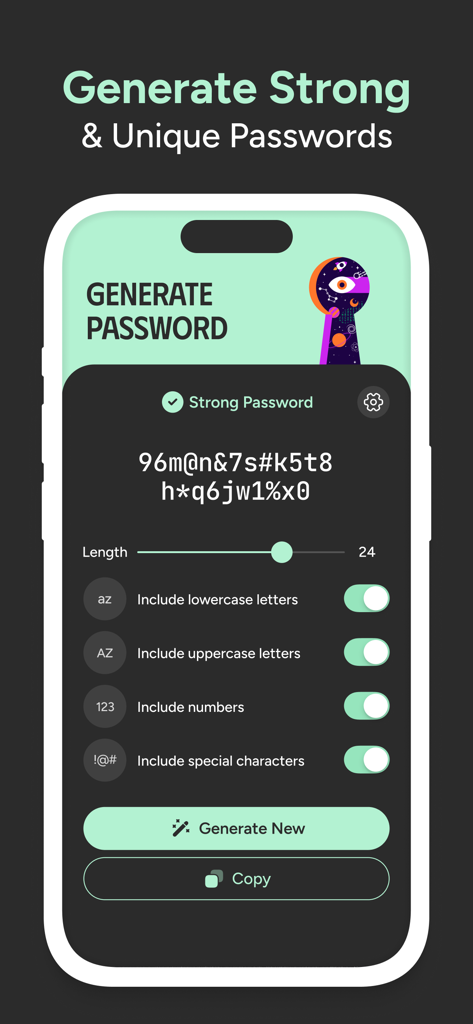 Interface do aplicativo Safe Random Password Generator mostrando opções de personalização de comprimento e tipos de caracteres