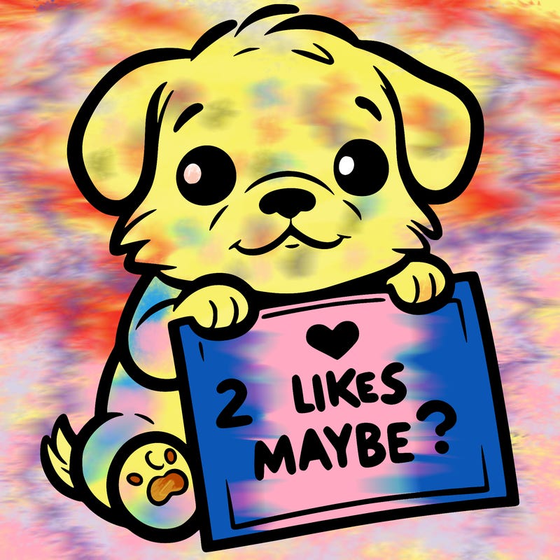 a puppy holding a sign that says 2 likes maybe?