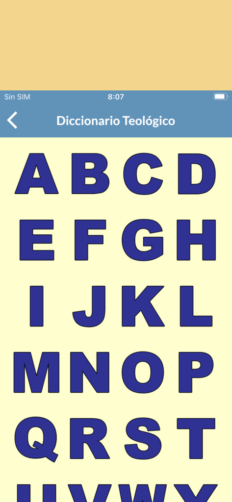 La Biblia Católica en Español - Índice alfabético del diccionario teológico en la aplicación móvil Biblia Católica en Español.