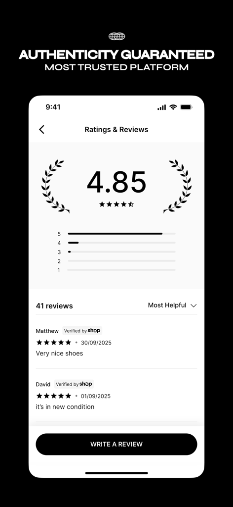 KICKS CREW mobile app screen showing a 4.85 rating with positive customer reviews and authenticity guarantee.
