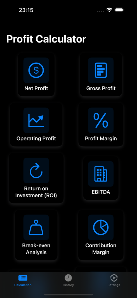 Profit Calculator Pro - Profit Calculator Pro home screen with a grid of financial calculation options in dark mode
