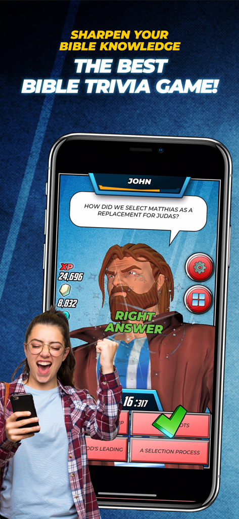 A woman celebrating a correct answer in the Bible Trivia Heroes game on her smartphone.